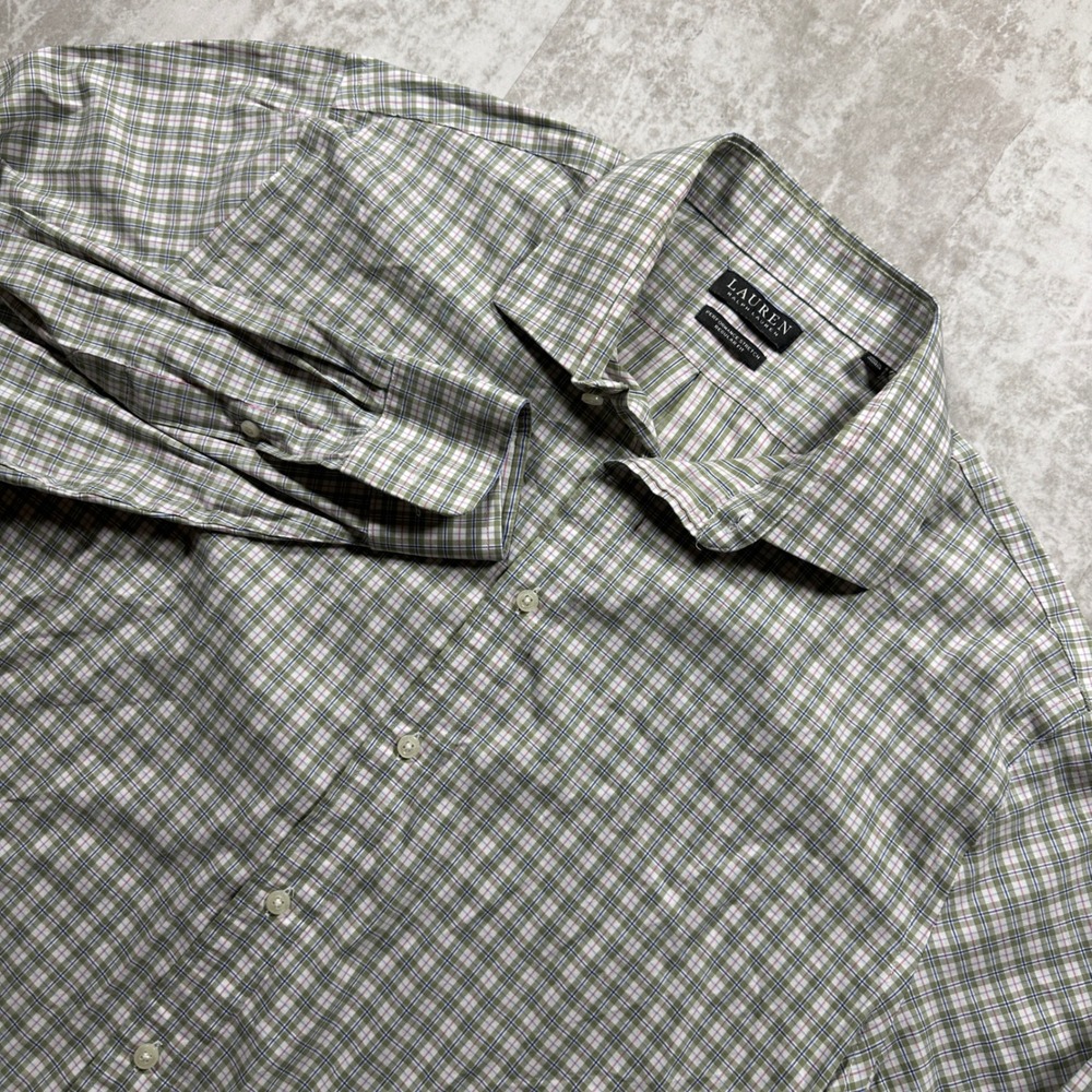 Lauren Ralph Lauren Button Down Men 2XL Green Plaid Performance Stretch Regular